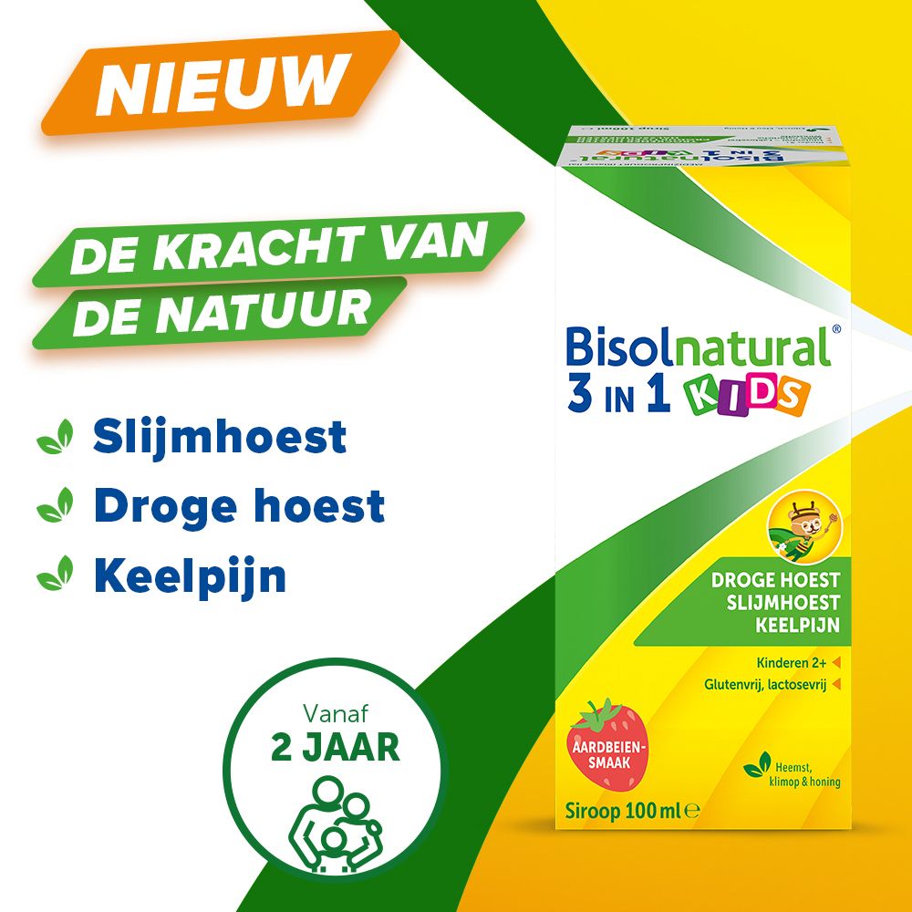 Productverpakking. Opschrift: Bisolnatural 3 in 1 KIDS. 100 ml. Met aardbeiensmaak.