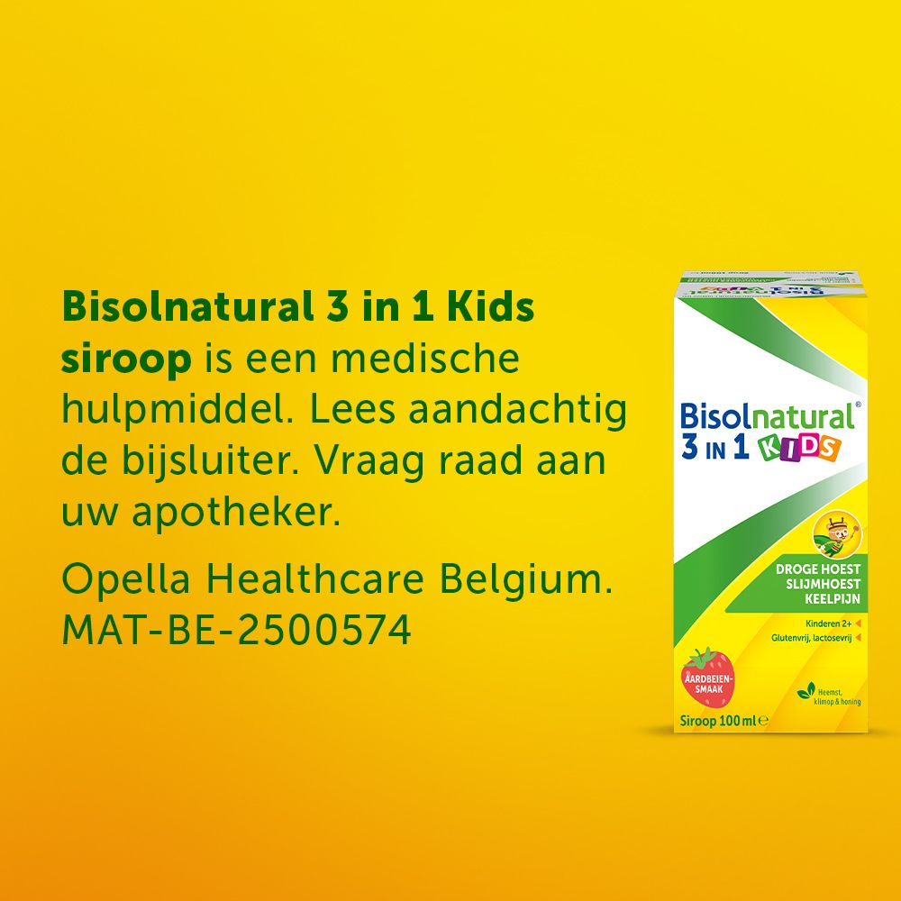 Productverpakking. Opschrift: Bisolnatural 3 in 1 KIDS. 100 ml. Met aardbeiensmaak.
