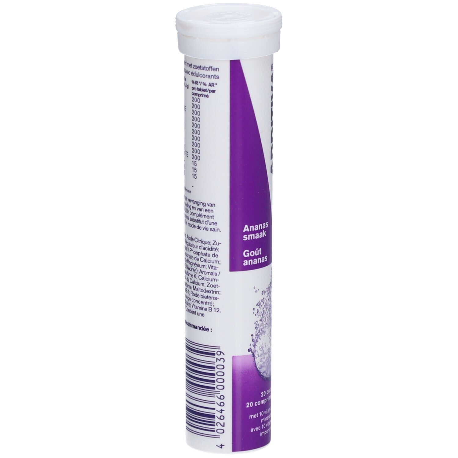 Emballage cylindrique Additiva Multivitamine + Minéraux + Caféine. Goût ananas. 20 comprimés.