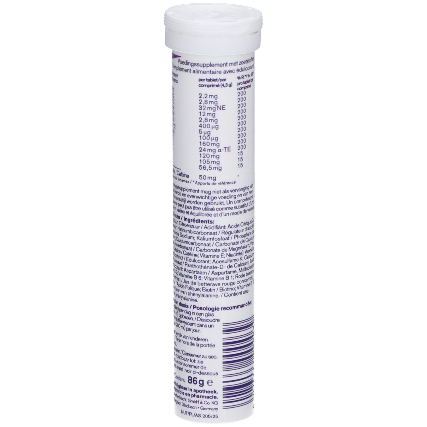 Emballage cylindrique Additiva Multivitamine + Minéraux + Caféine. Goût ananas. Informations nutritionnelles.