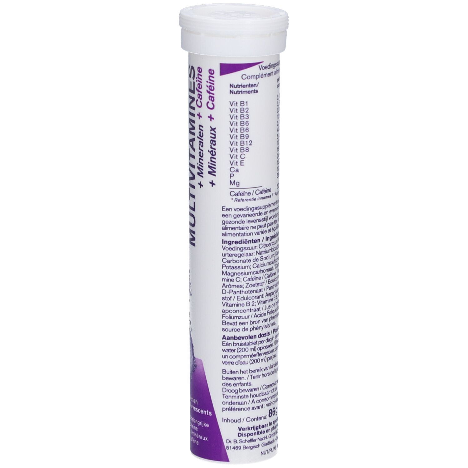 Emballage cylindrique Additiva Multivitamine + Minéraux + Caféine. Goût ananas. Ingrédients et nutriments.