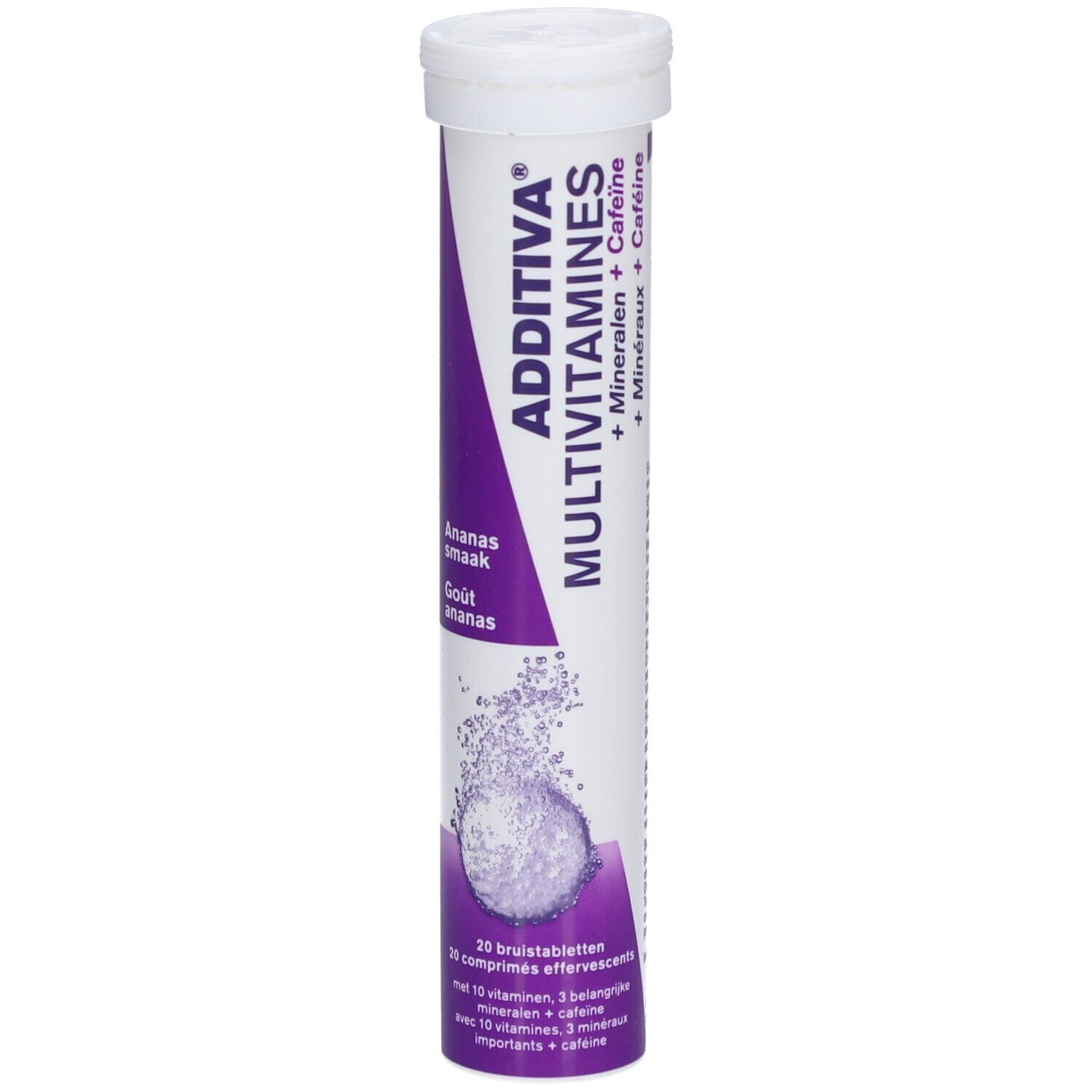 Emballage cylindrique Additiva Multivitamine + Minéraux + Caféine. Goût ananas. 20 comprimés effervescents.
