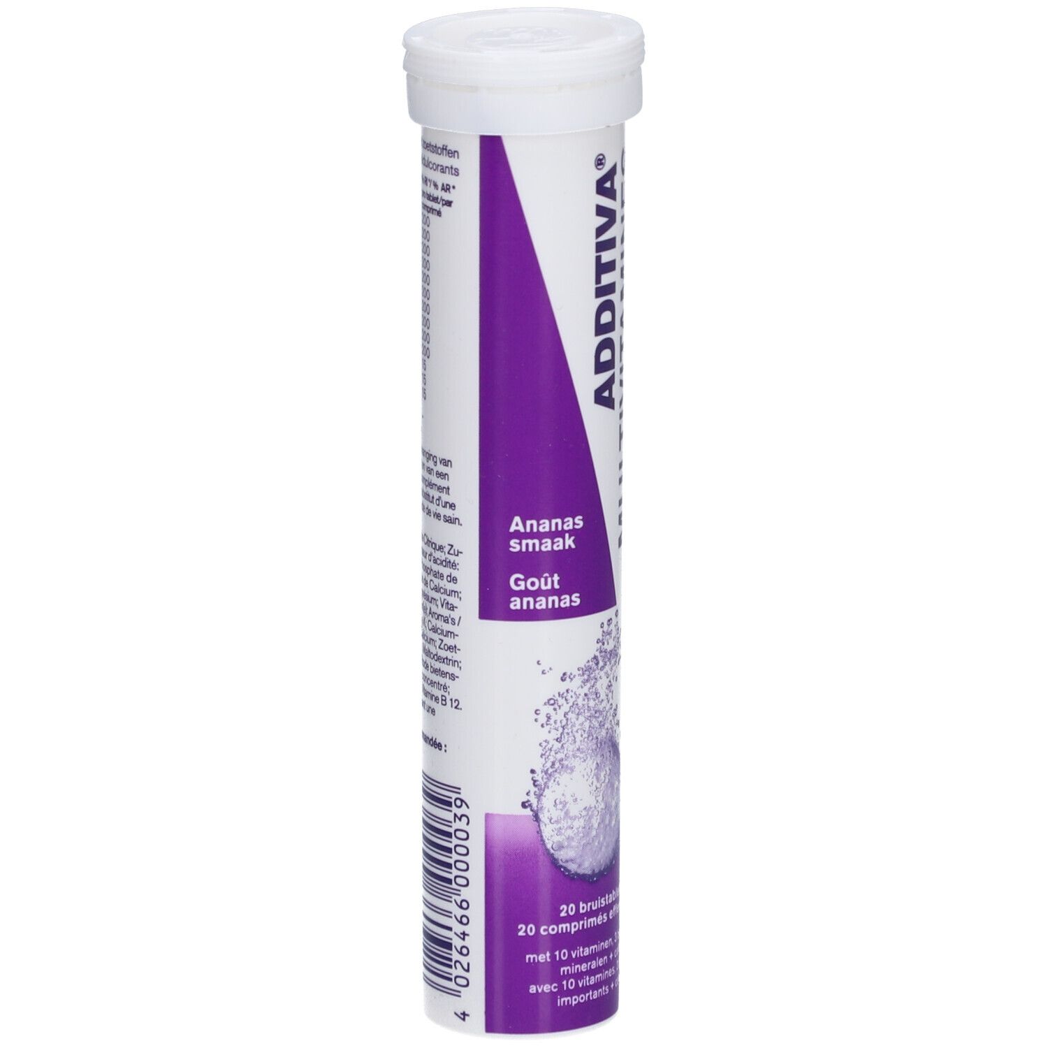 Emballage cylindrique Additiva Multivitamine + Minéraux + Caféine. Goût ananas. 20 comprimés effervescents.