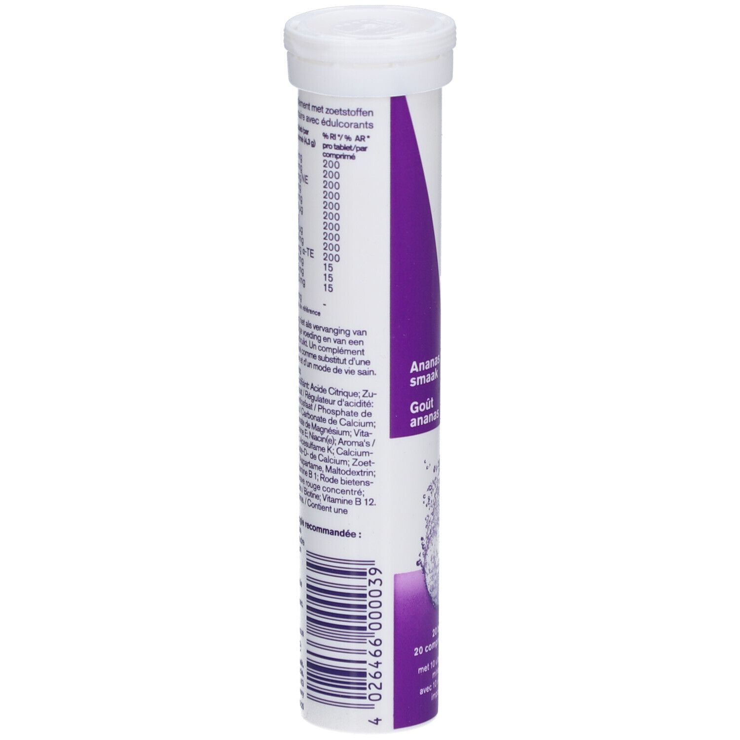 Emballage cylindrique Additiva Multivitamine + Minéraux + Caféine. Goût ananas. Informations nutritionnelles.