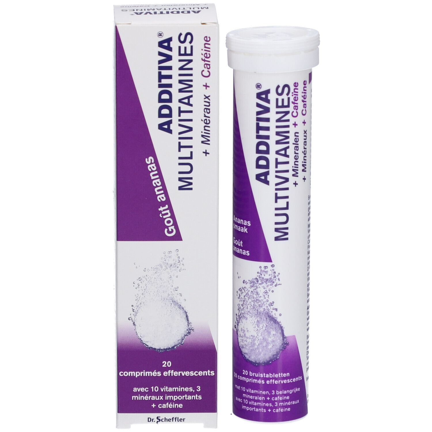 Additiva Multivitamine + Minéraux + Caféine, goût ananas. Emballage avec 20 comprimés effervescents et description.