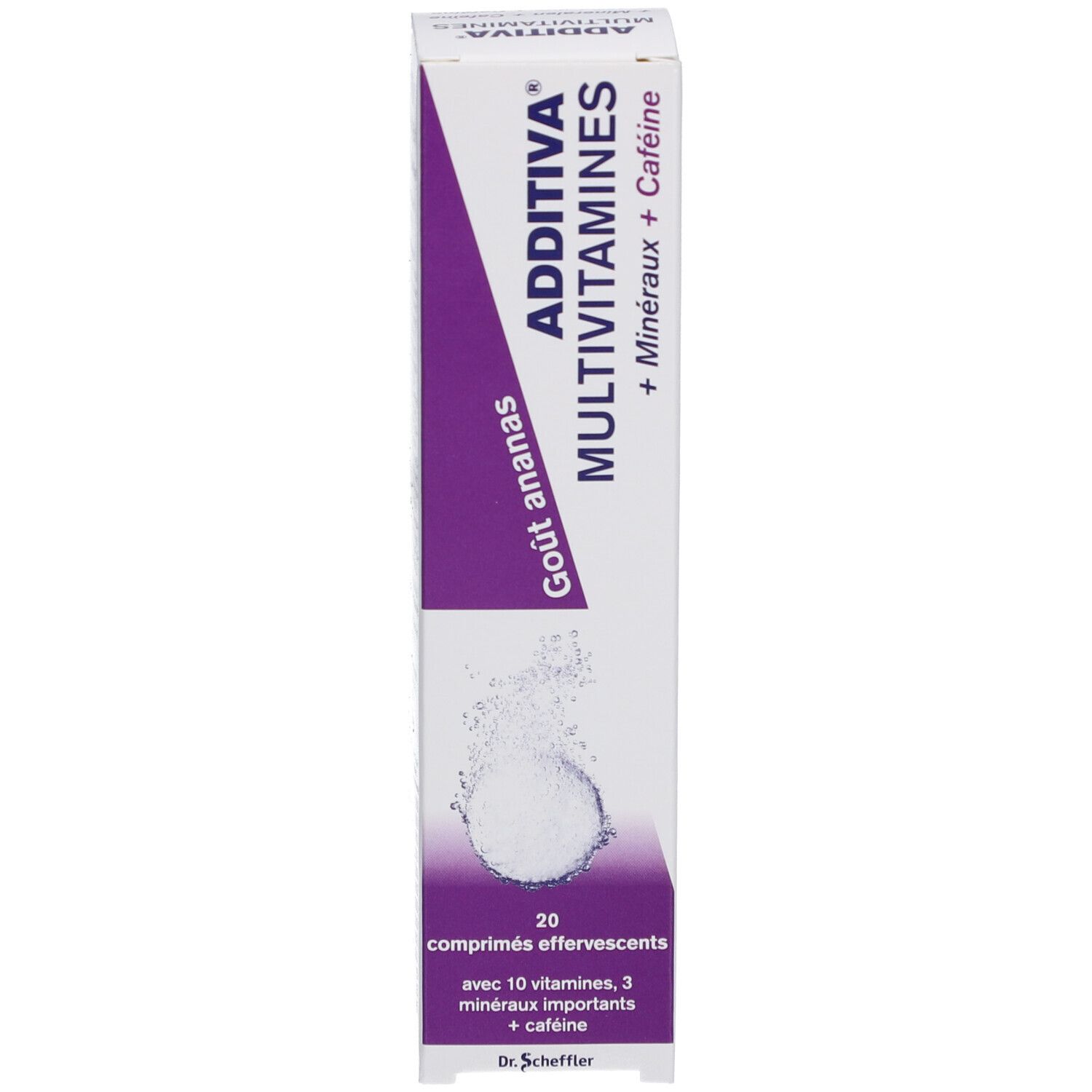 Additiva Multivitamine + Minéraux + Caféine, goût ananas. Emballage avec 20 comprimés effervescents.