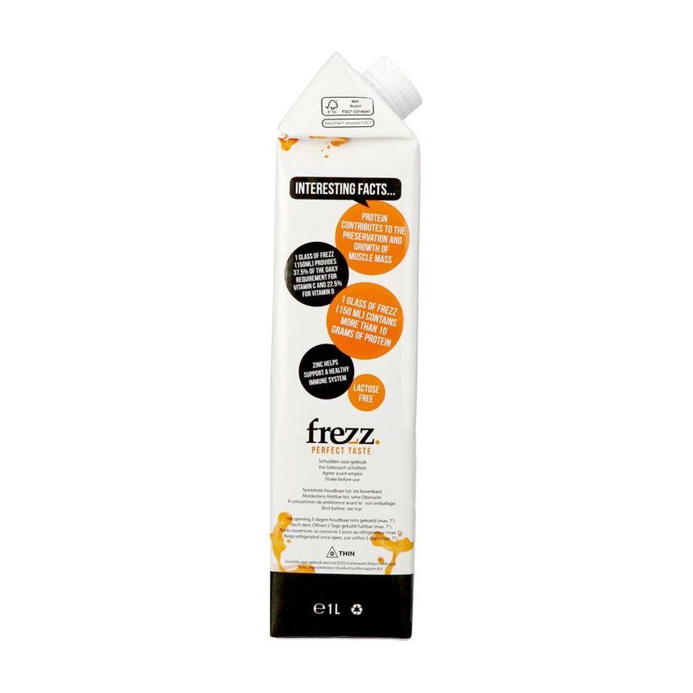 Brique de boisson Frezz Orange Protein+. Contient de la vitamine C, D et du zinc. Dos avec texte et illustrations. 1 litre.