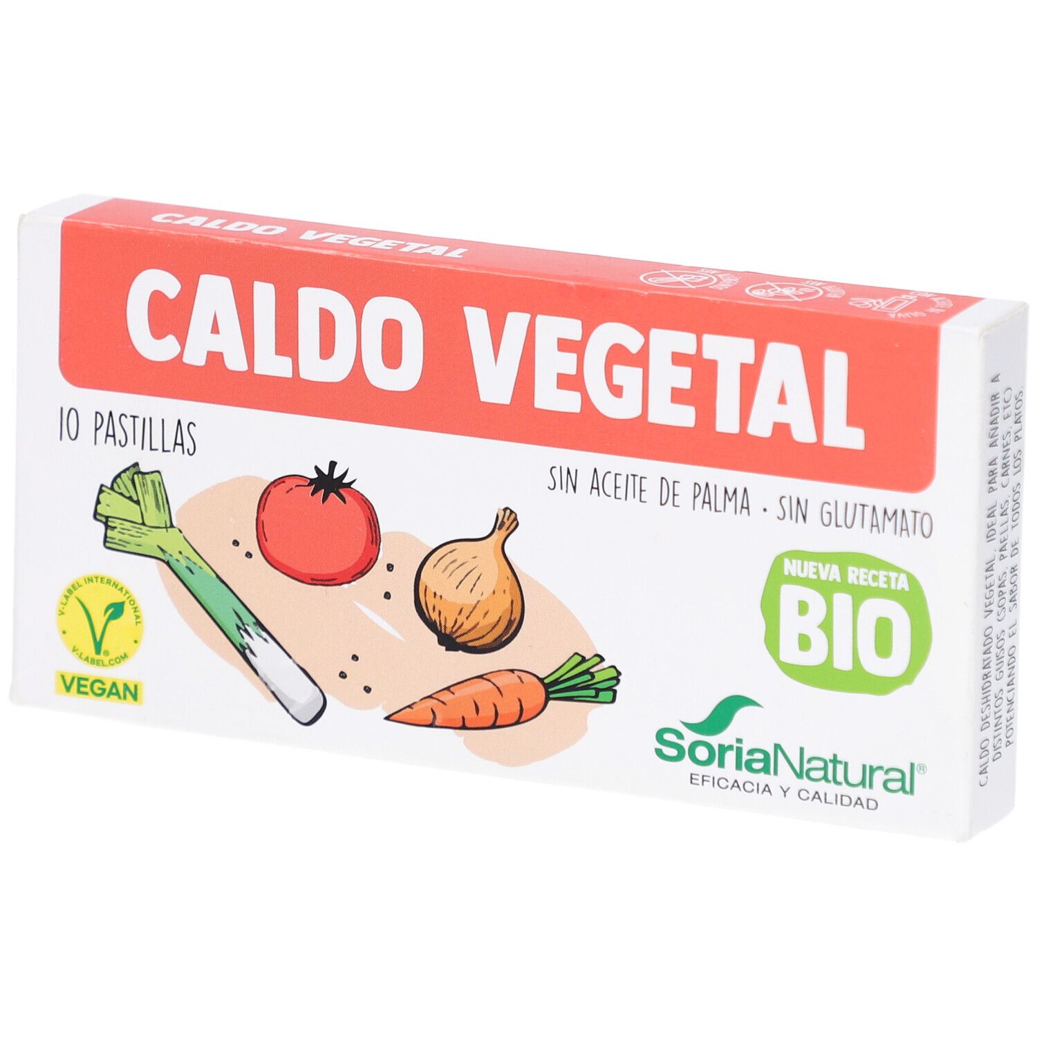 Boîte "Caldo Vegetal" avec illustrations de légumes et logo bio. Contient 10 pastilles.