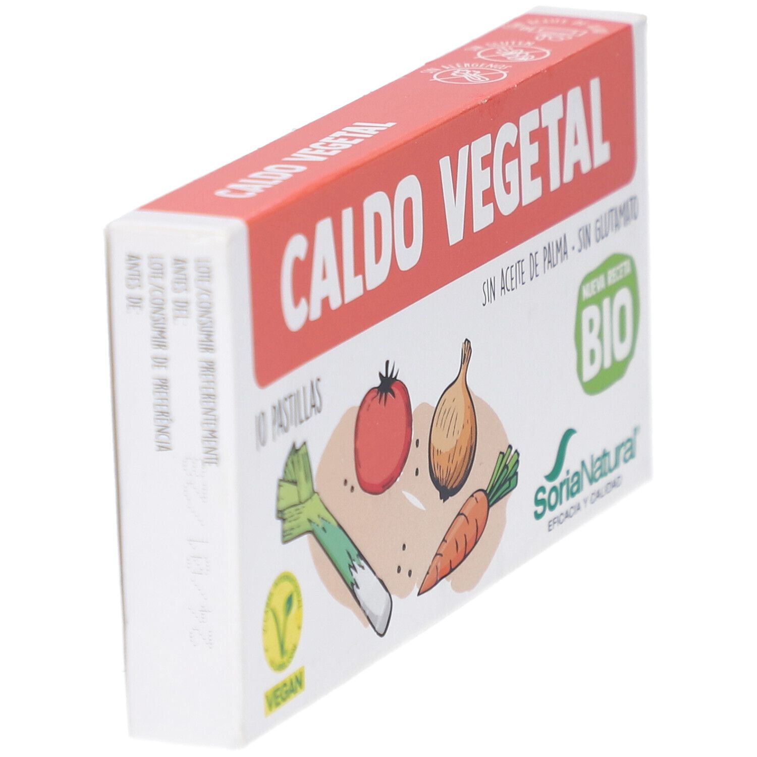 Boîte "Caldo Vegetal" en biais, avec illustrations de légumes et logo bio.