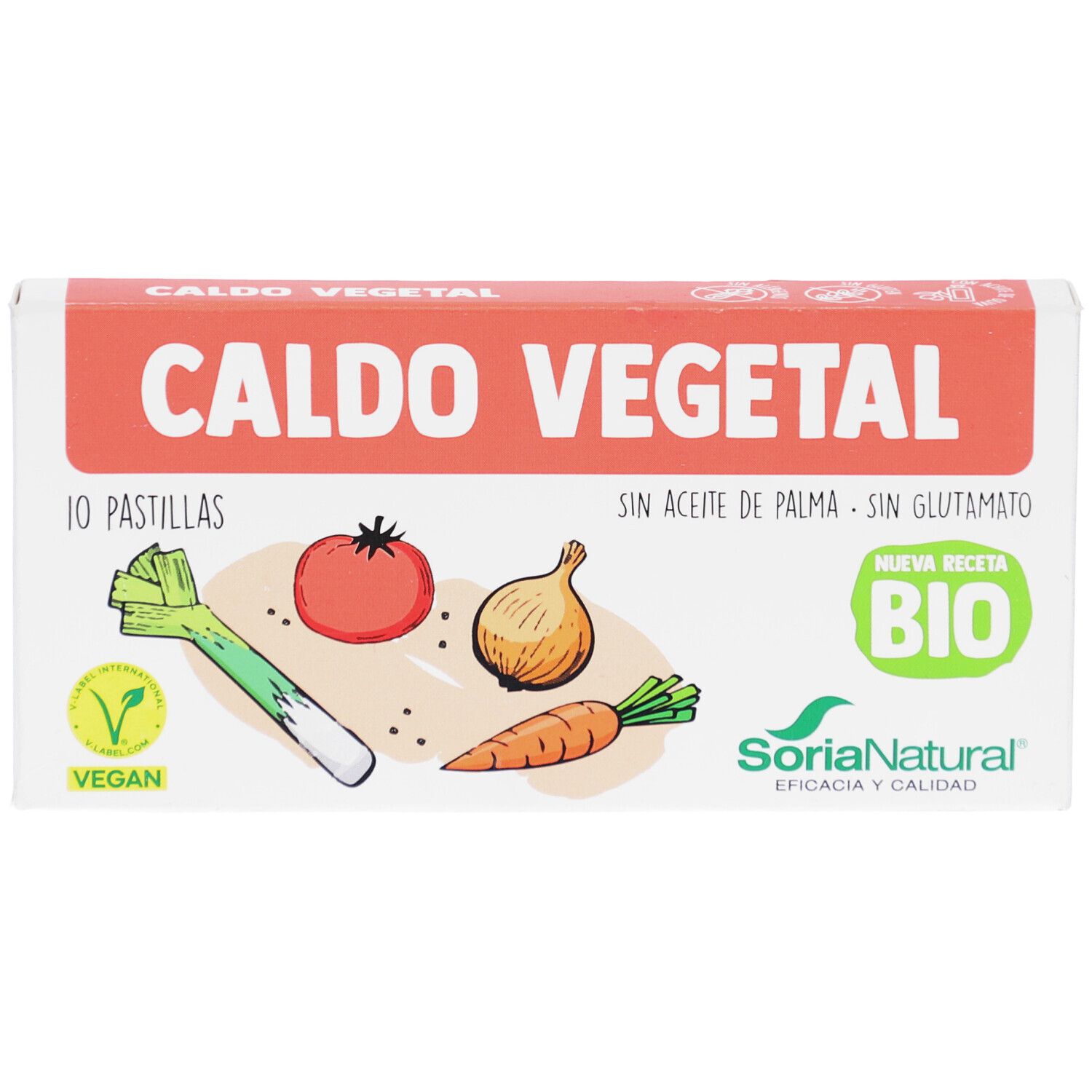 Boîte "Caldo Vegetal" avec illustrations de légumes et logo bio. Contient 10 pastilles.