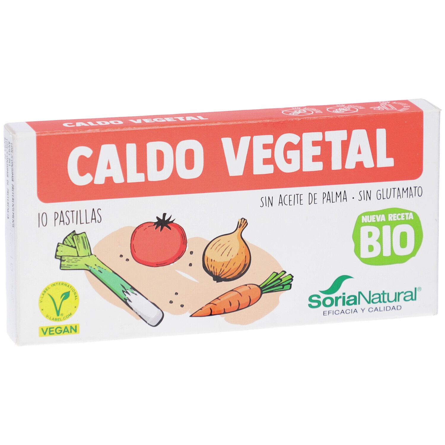 Boîte "Caldo Vegetal" avec illustrations de légumes et logo bio. Contient 10 pastilles.