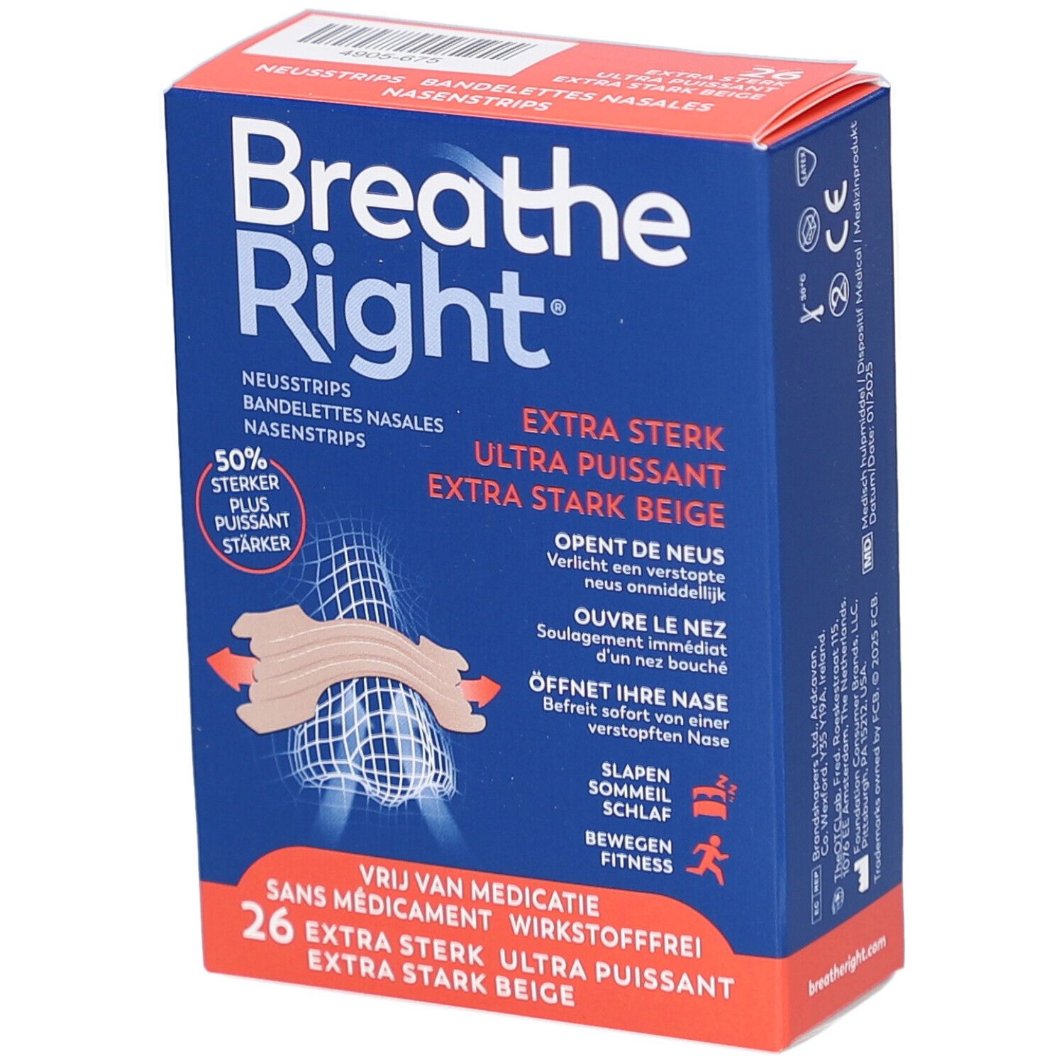 Boîte bleue et orange de Breathe Right. Bandes nasales Extra Fort, Ultra Puissant, Beige. 26 unités.