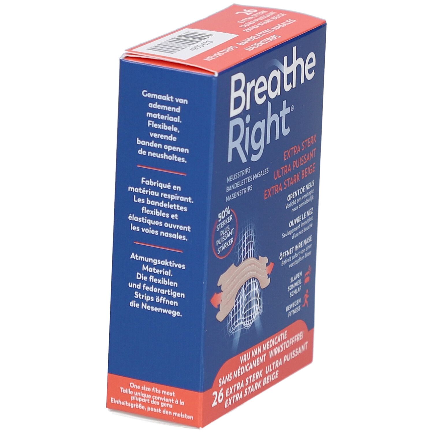 Boîte Breathe Right, bleue et orange. Bandes nasales Extra Fort, Ultra Puissant, Beige. Vue latérale.