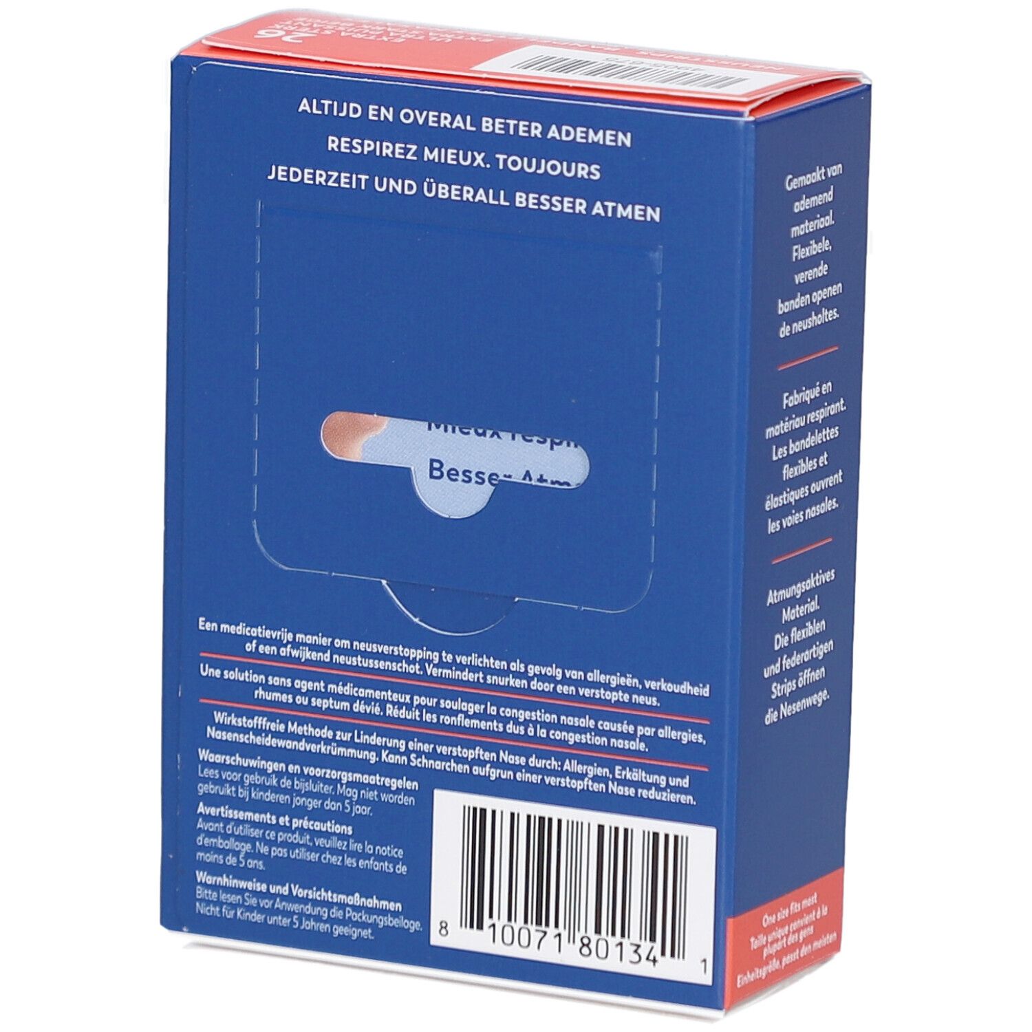 Dos de la boîte Breathe Right. Texte: Mieux respirer. Informations sur les bandes nasales. Code-barres.