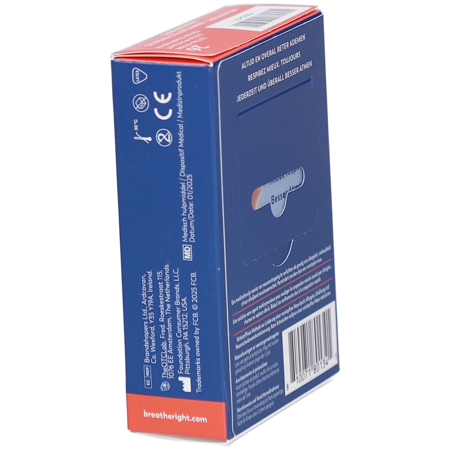 Côté de la boîte Breathe Right. Texte: Mieux respirer. Dispositif médical. Marque CE. Date de péremption.