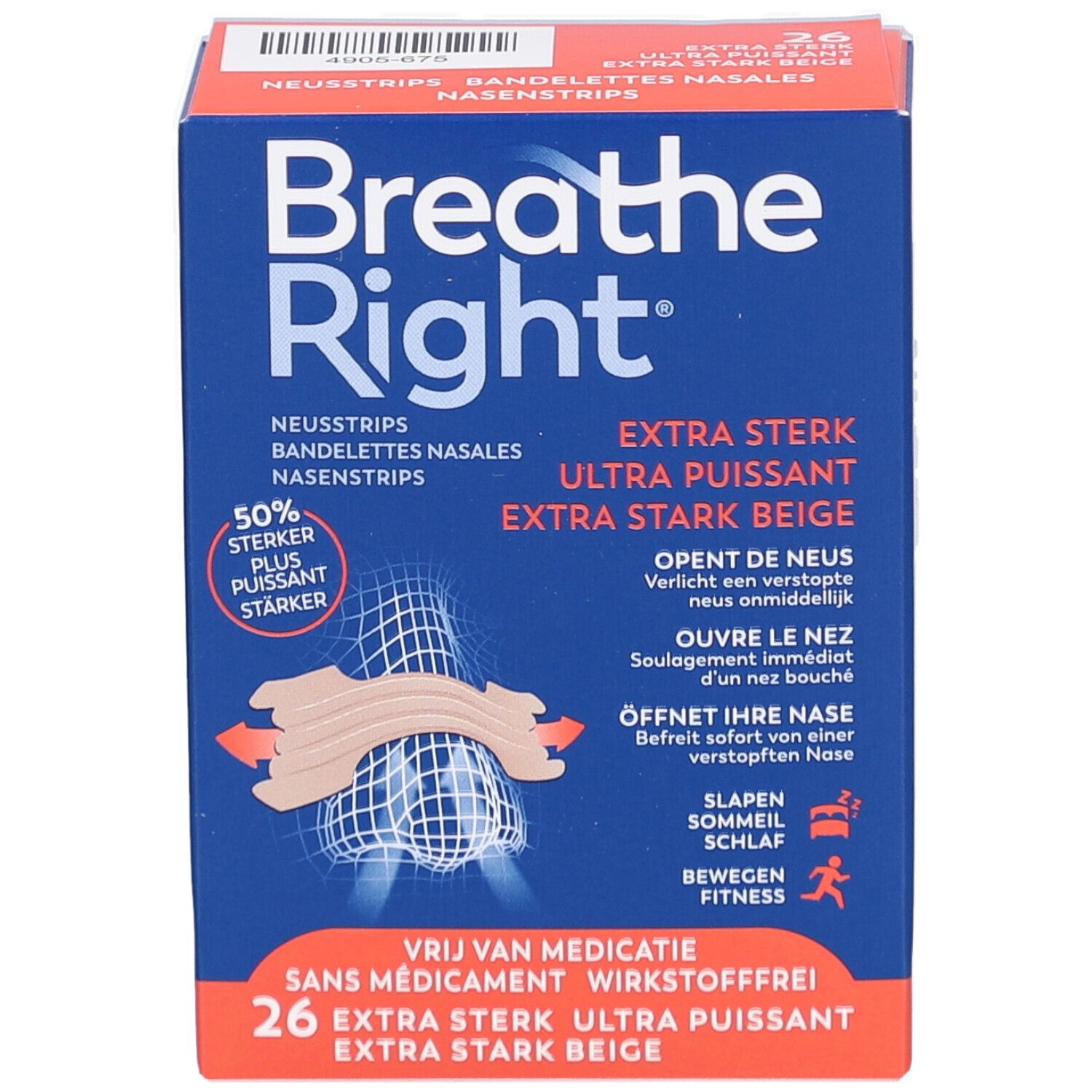 Boîte Breathe Right, bleue et orange. Bandes nasales Extra Fort, Ultra Puissant, Beige. Vue de face.