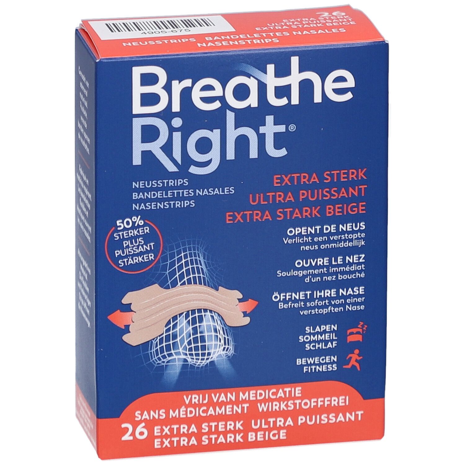 Boîte Breathe Right, bleue et orange. Bandes nasales Extra Fort, Ultra Puissant, Beige. Vue de face.