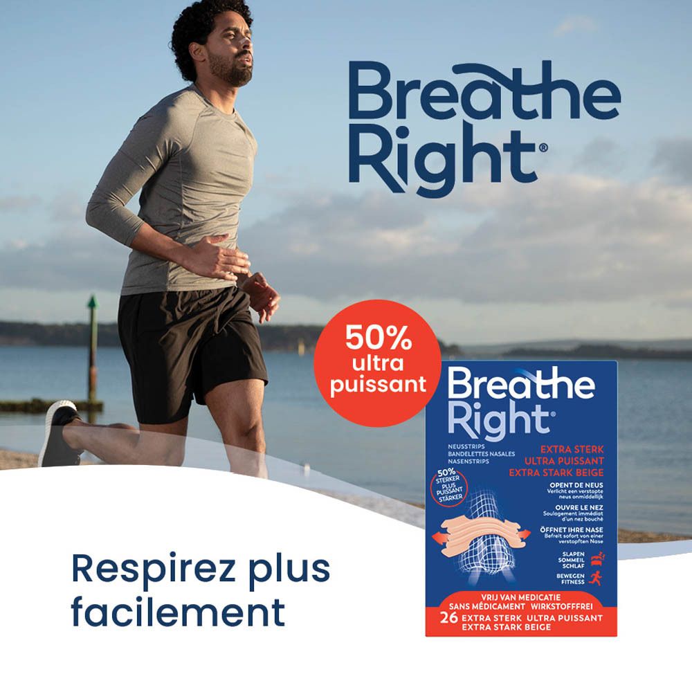 Homme courant sur la plage. Boîte Breathe Right. 50% plus puissant. Texte en français.