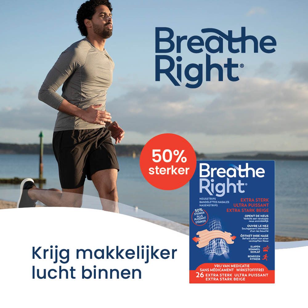 Man rent op strand. Breathe Right verpakking. 50% sterker. Nederlandse tekst.