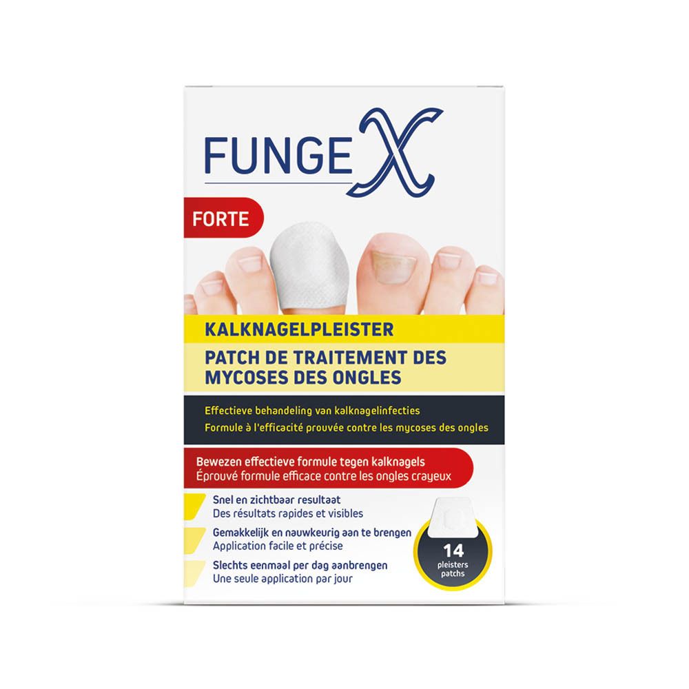 FungeX Forte verpakking. Toont voeten met een pleister op een teennagel. Bevat 14 pleisters.