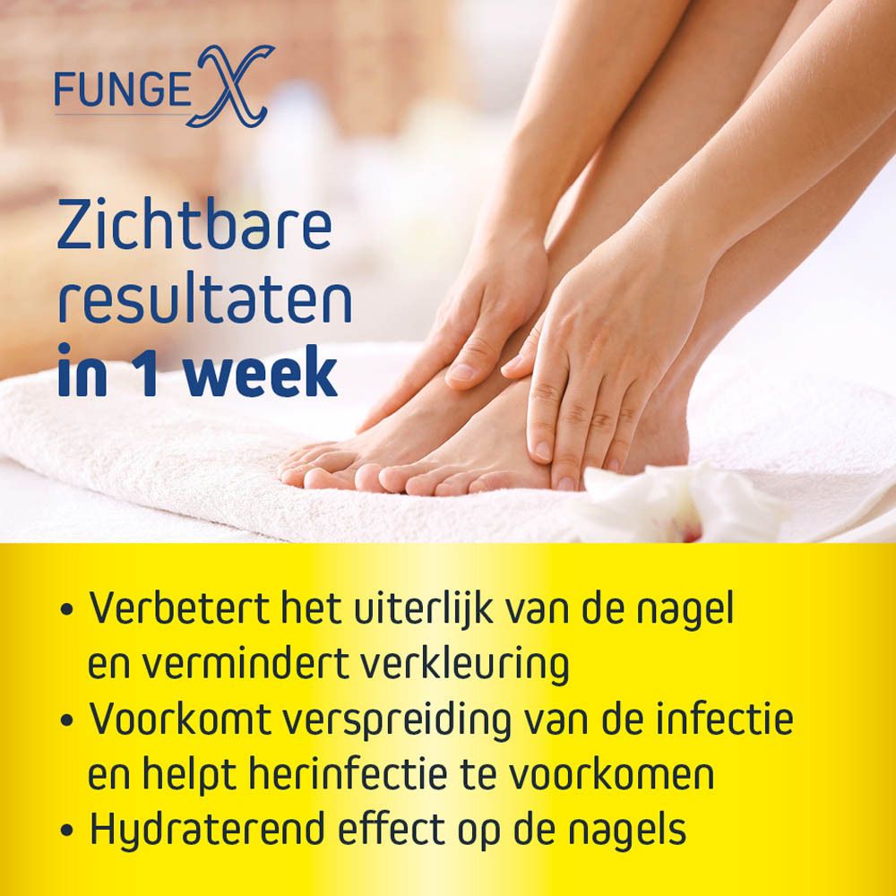 Promotiebeeld met voeten. Tekst: Zichtbare resultaten in 1 week. Voordelen: verbetert uiterlijk, voorkomt verspreiding.