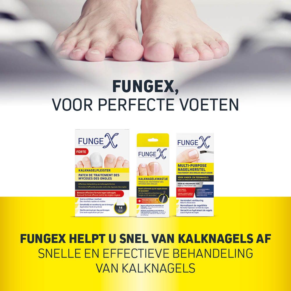 Promotiebeeld met voeten en FungeX producten. Tekst: FungeX helpt snel bij kalknagels. Drie productverpakkingen.