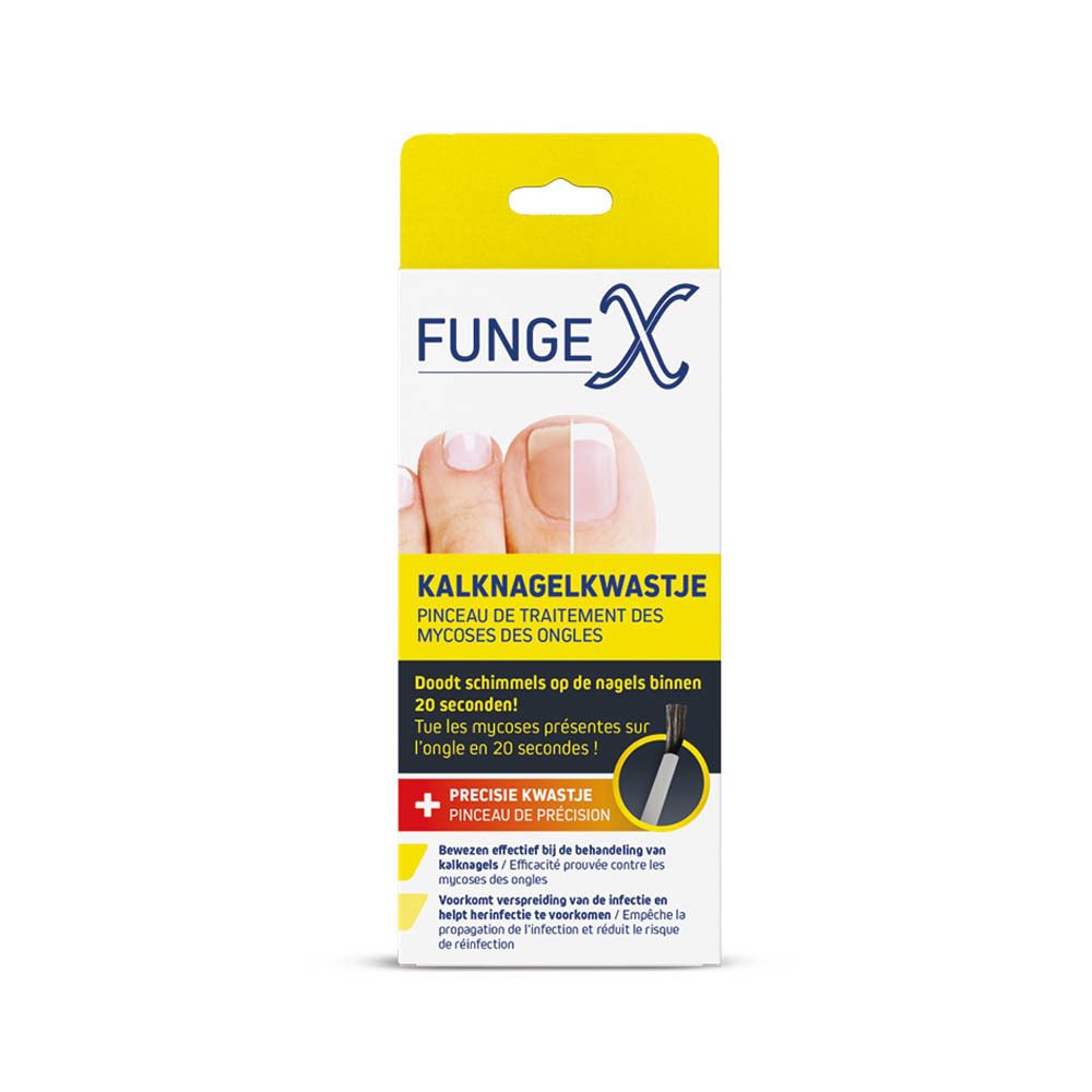 Verpakking FungeX. Product voor de behandeling van schimmelnagels. Geel-wit ontwerp met productafbeelding.