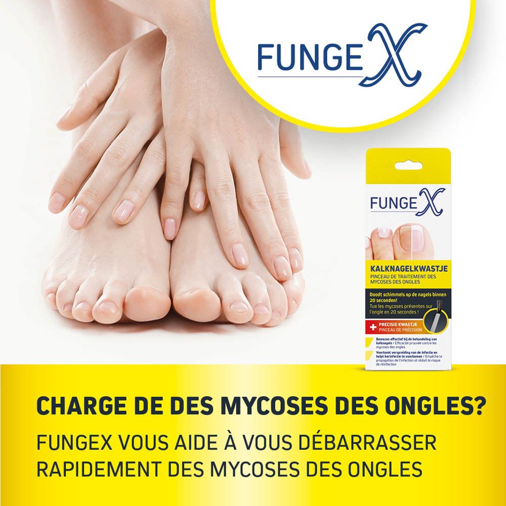 Pieds et emballage FungeX. Texte : 'CHARGE DE DES MYCOSES DES ONGLES?' Emballage FungeX en arrière-plan.