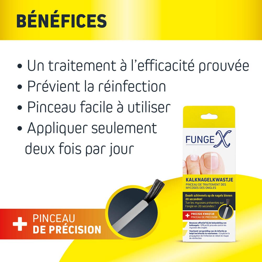 Avantages FungeX. Efficacité du traitement, prévient la réinfection, facile à utiliser, deux fois par jour.