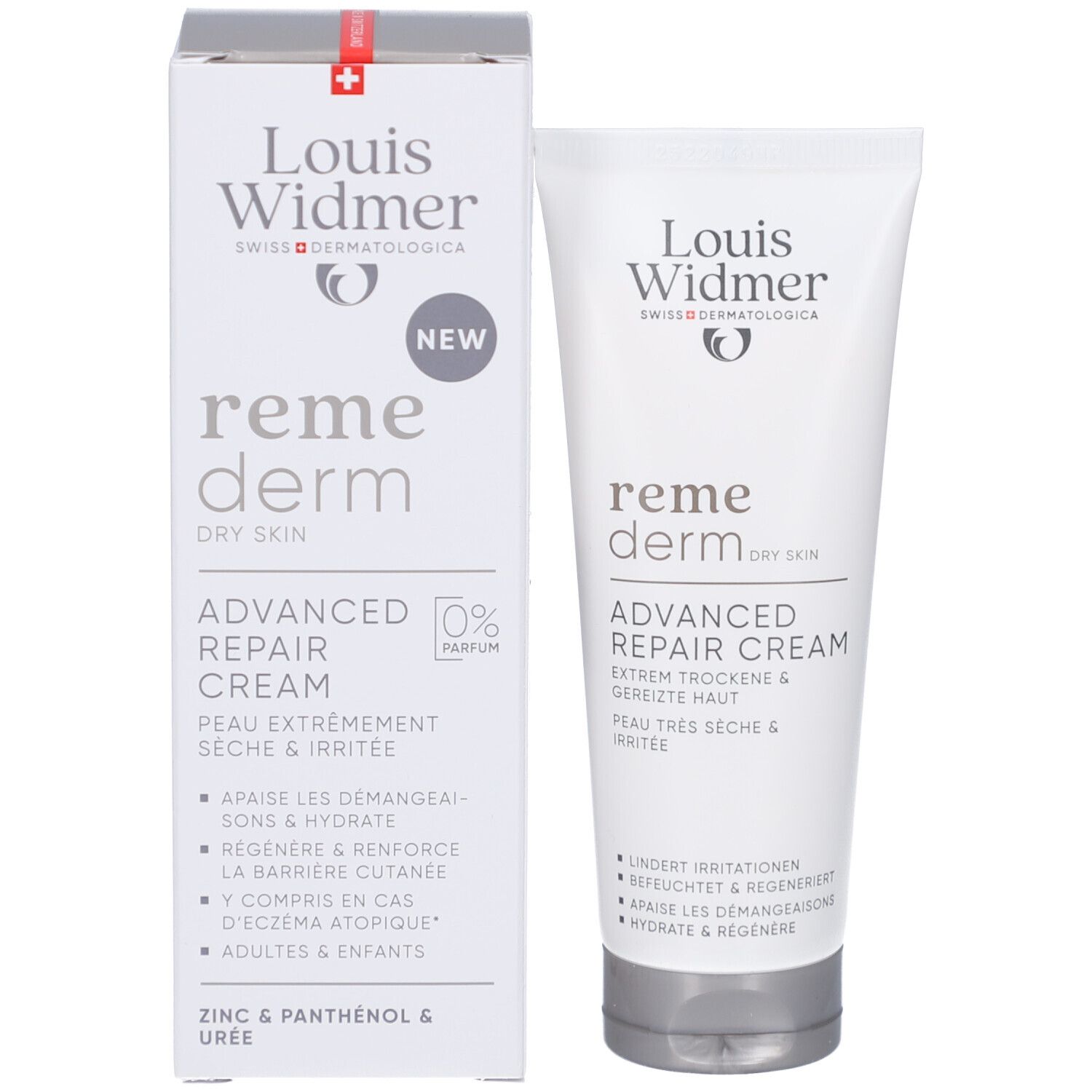 Emballage du produit avec tube de crème. Logo Louis Widmer, nom du produit et « 0% Parfum ». Texte en allemand et français.