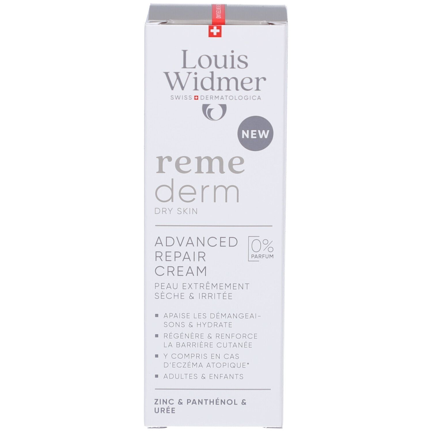 Emballage du produit avec logo Louis Widmer, nom du produit et « 0% Parfum ». Texte en allemand et français.