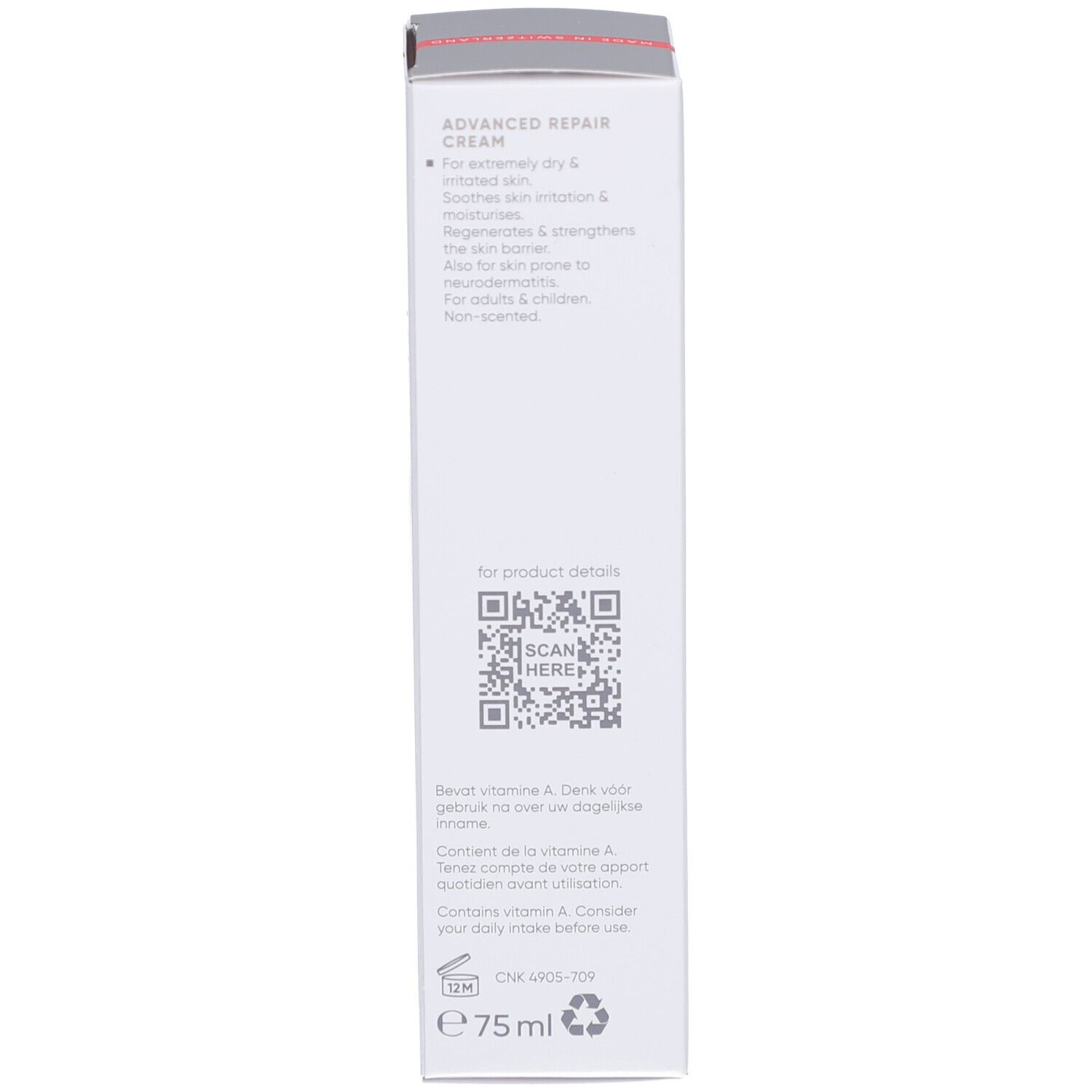 Emballage du produit avec informations d'utilisation et code QR. Informations d'utilisation et code QR.