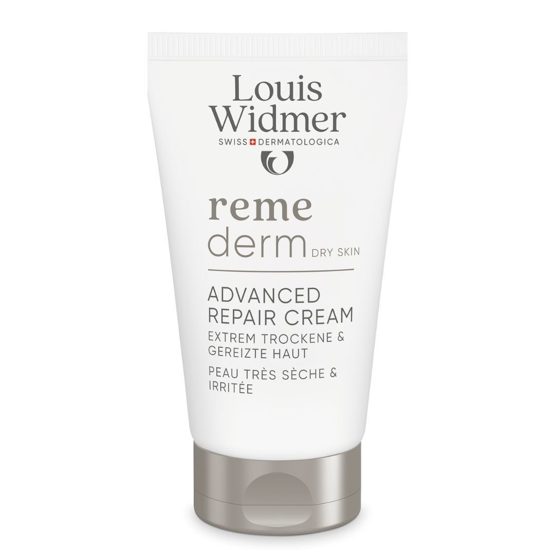 Crèmetube Louis Widmer Remederm Dry Skin. Advanced Repair Cream voor extreem droge huid.