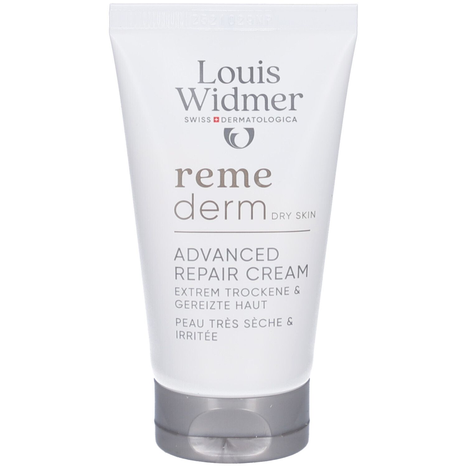 Tube de crème Louis Widmer Remederm Dry Skin. Advanced Repair Cream pour peaux très sèches et irritées.