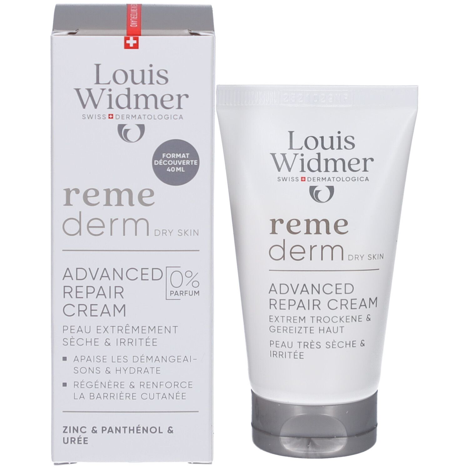 Emballage et tube. Marque: Louis Widmer. Produit: Remederm Dry Skin. Texte: Advanced Repair Cream. 0% Parfum.