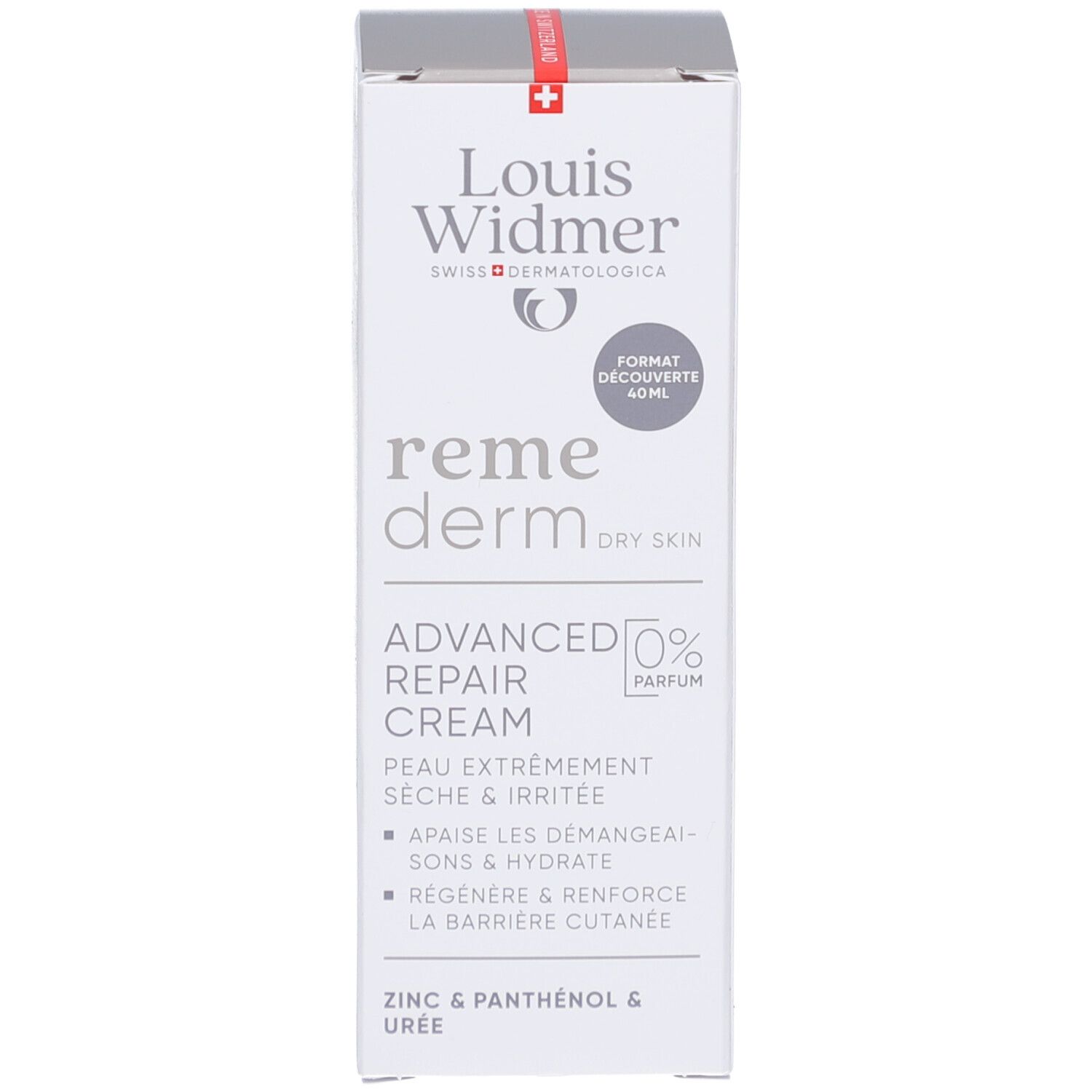 Emballage du produit. Marque: Louis Widmer. Produit: Remederm Dry Skin. Texte: Advanced Repair Cream. 0% Parfum.