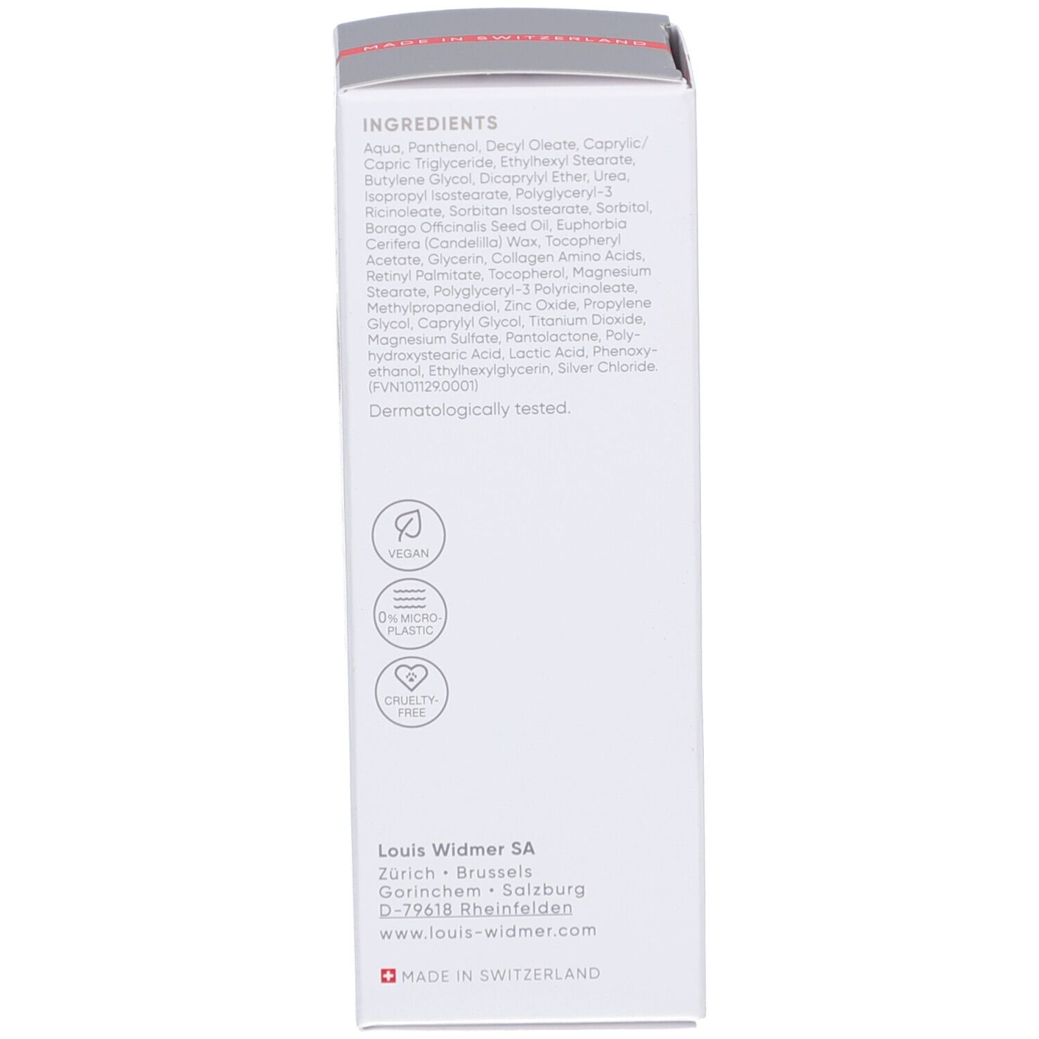 Dos de l'emballage. Texte: Ingrédients. Vegan, 0% microplastique, Cruelty Free. Testé dermatologiquement.