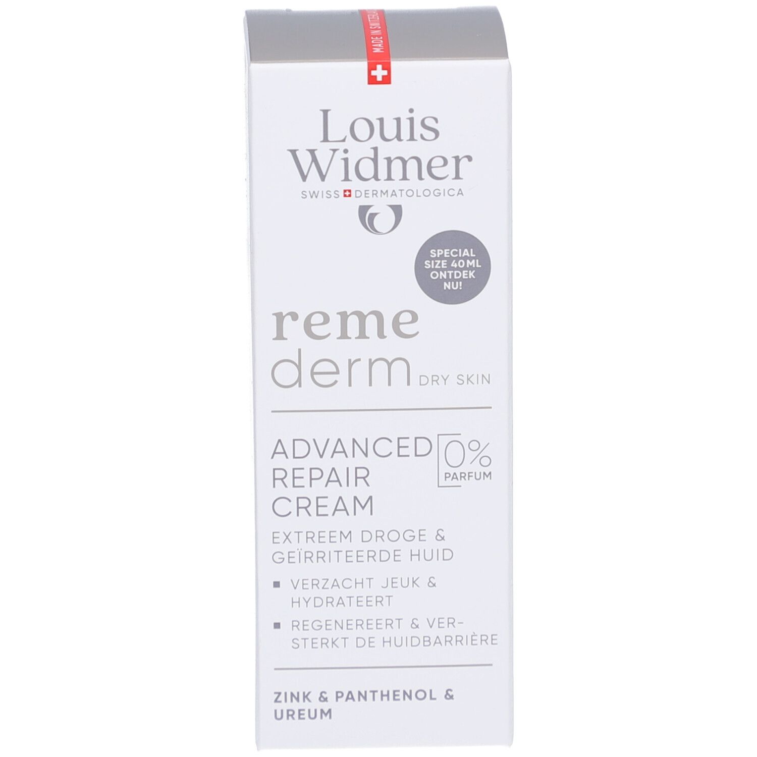 Emballage du produit. Marque: Louis Widmer. Produit: Remederm Dry Skin. Texte: Advanced Repair Cream. 0% Parfum.