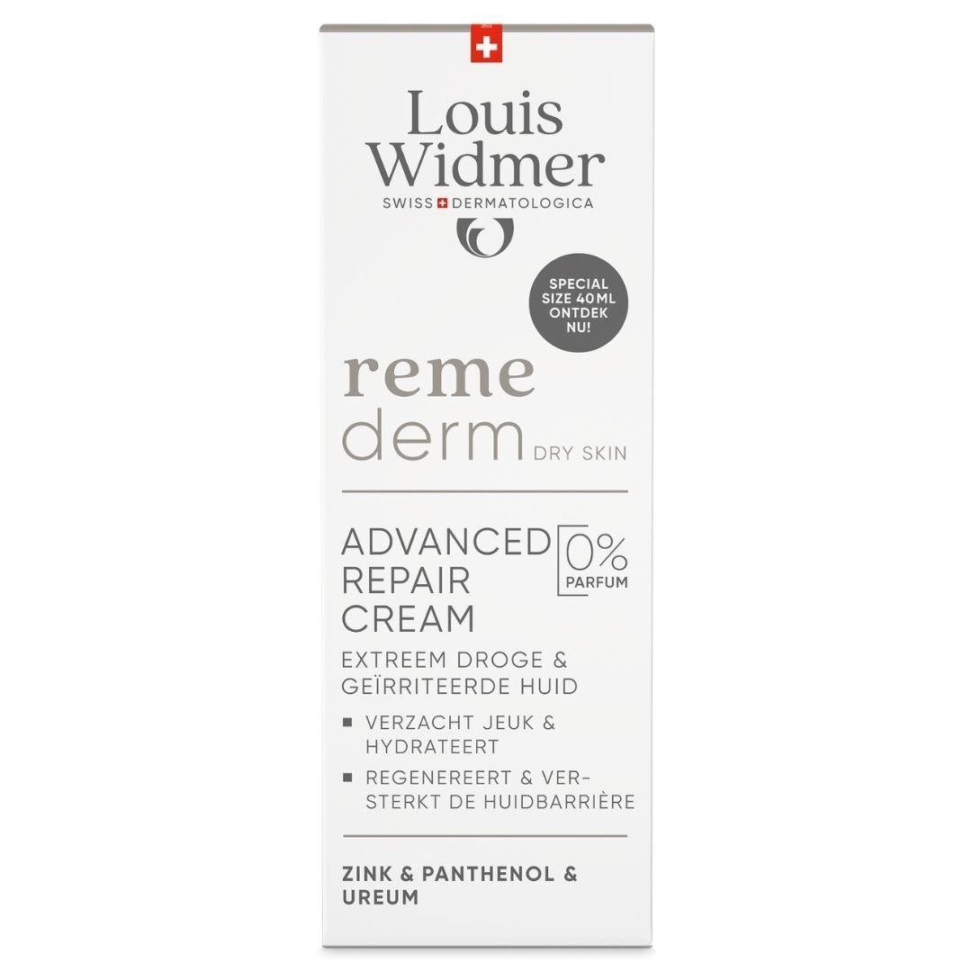 Productverpakking. Merk: Louis Widmer. Product: Remederm Dry Skin. Tekst: Advanced Repair Cream. 0% Parfum.