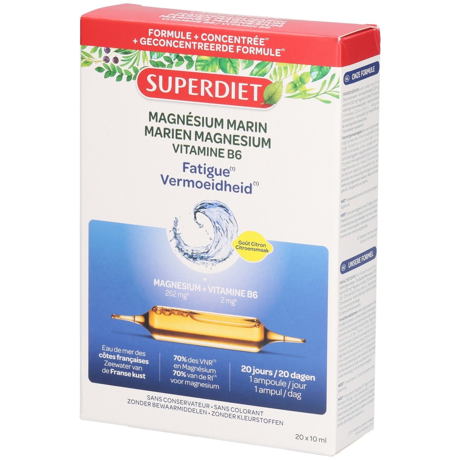 Verpakking Superdiet Magnesium Marin Vitamine B6. Bevat 20 ampullen. Productnaam en ingrediënten duidelijk zichtbaar.