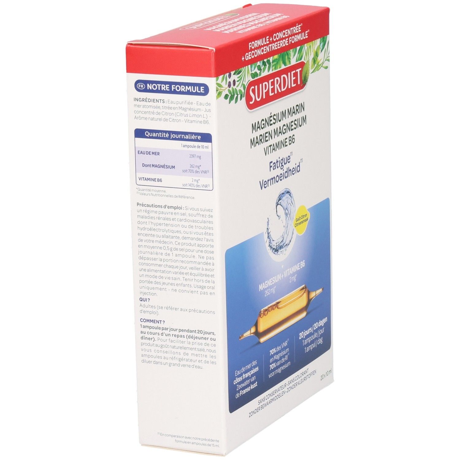Zijaanzicht van de verpakking. Informatie over ingrediënten en dosering. Productnaam: Magnesium Marin Vitamine B6.