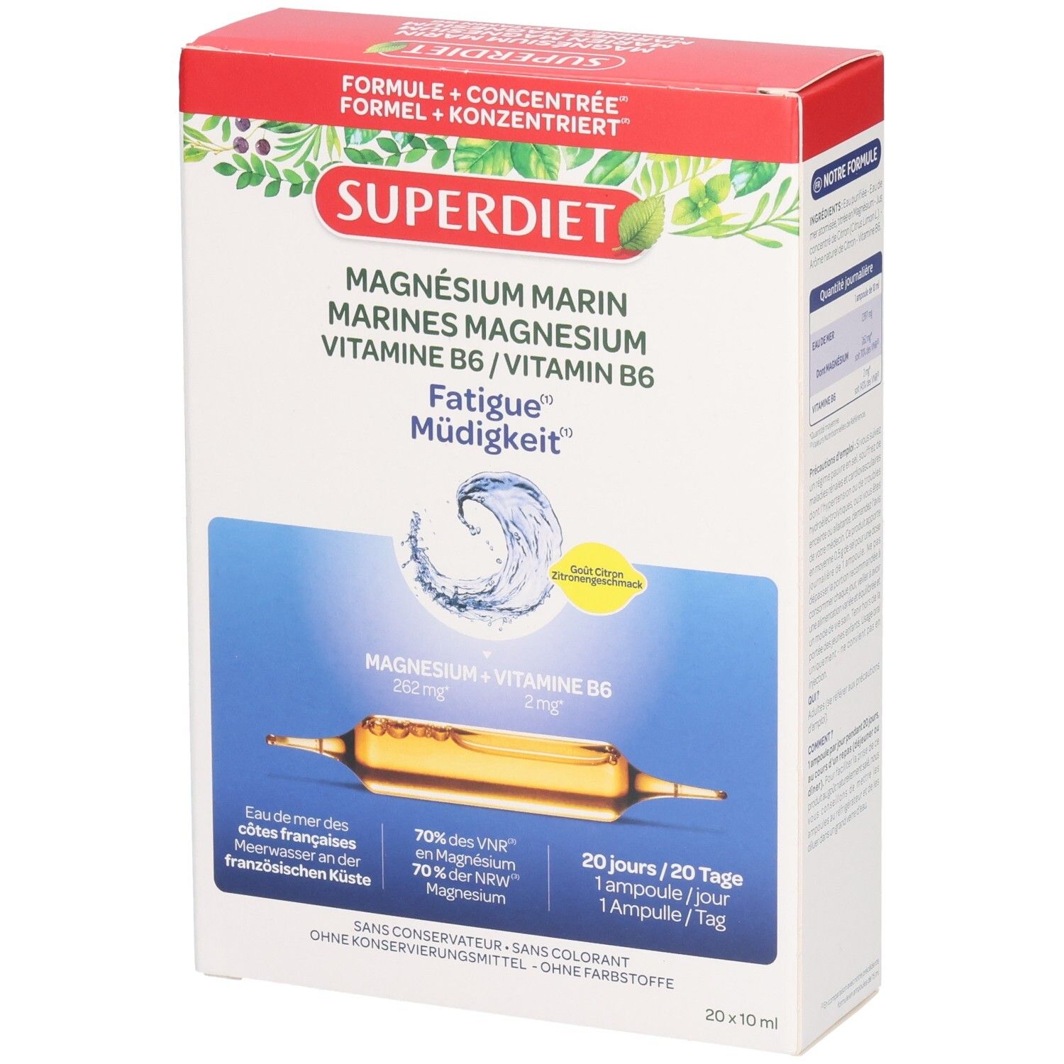 Verpakking Superdiet Magnesium Marin Vitamine B6. Bevat 20 ampullen. Productnaam en ingrediënten duidelijk zichtbaar.