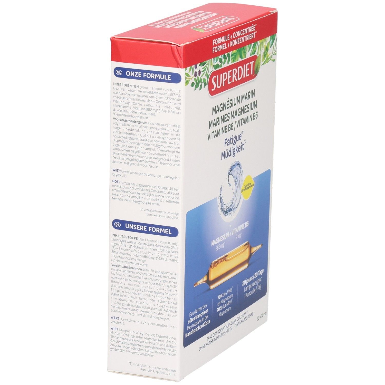 Zijaanzicht van de verpakking. Informatie over ingrediënten en dosering. Productnaam: Magnesium Marin Vitamine B6.