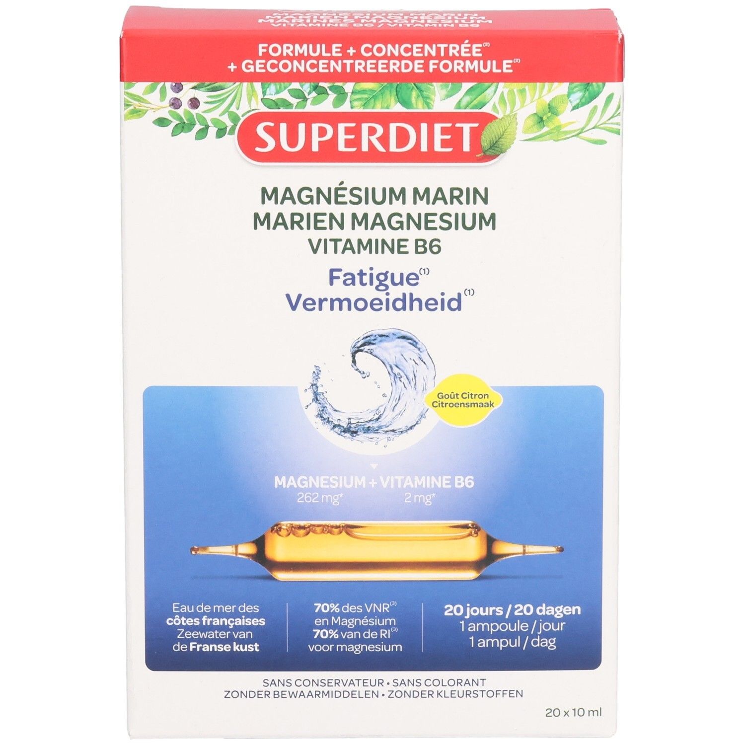Verpakking Superdiet Magnesium Marin Vitamine B6. Bevat 20 ampullen. Productnaam en ingrediënten duidelijk zichtbaar.