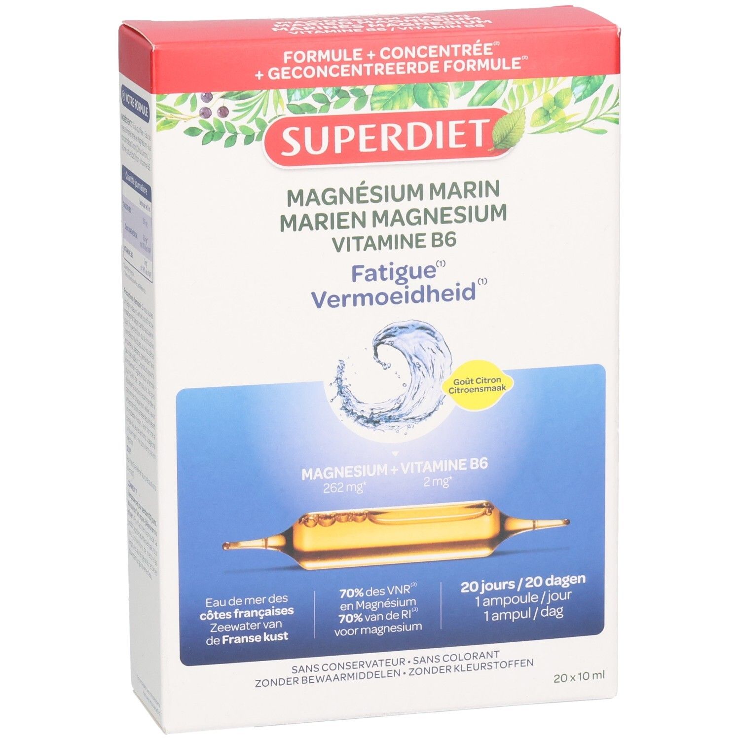 Verpakking Superdiet Magnesium Marin Vitamine B6. Bevat 20 ampullen. Productnaam en ingrediënten duidelijk zichtbaar.