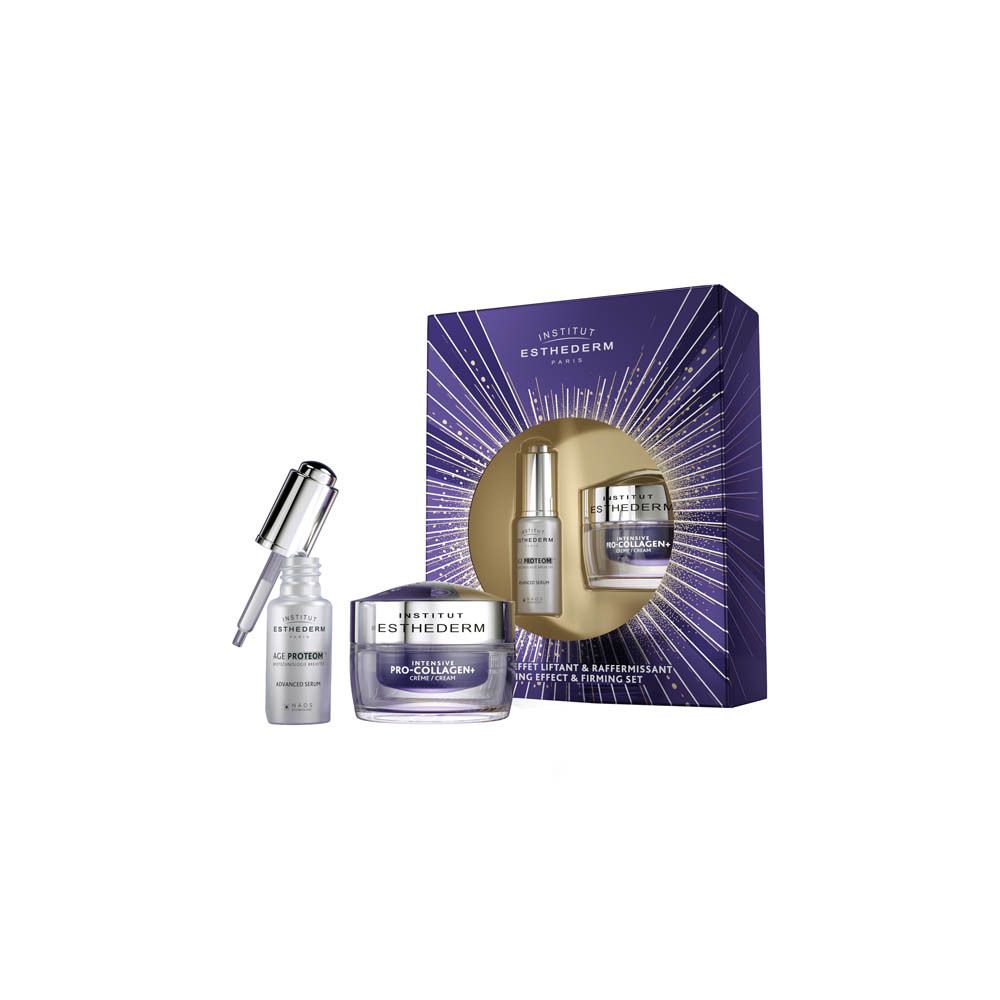Institut Esthederm set met serum en crème in paarse geschenkverpakking.
