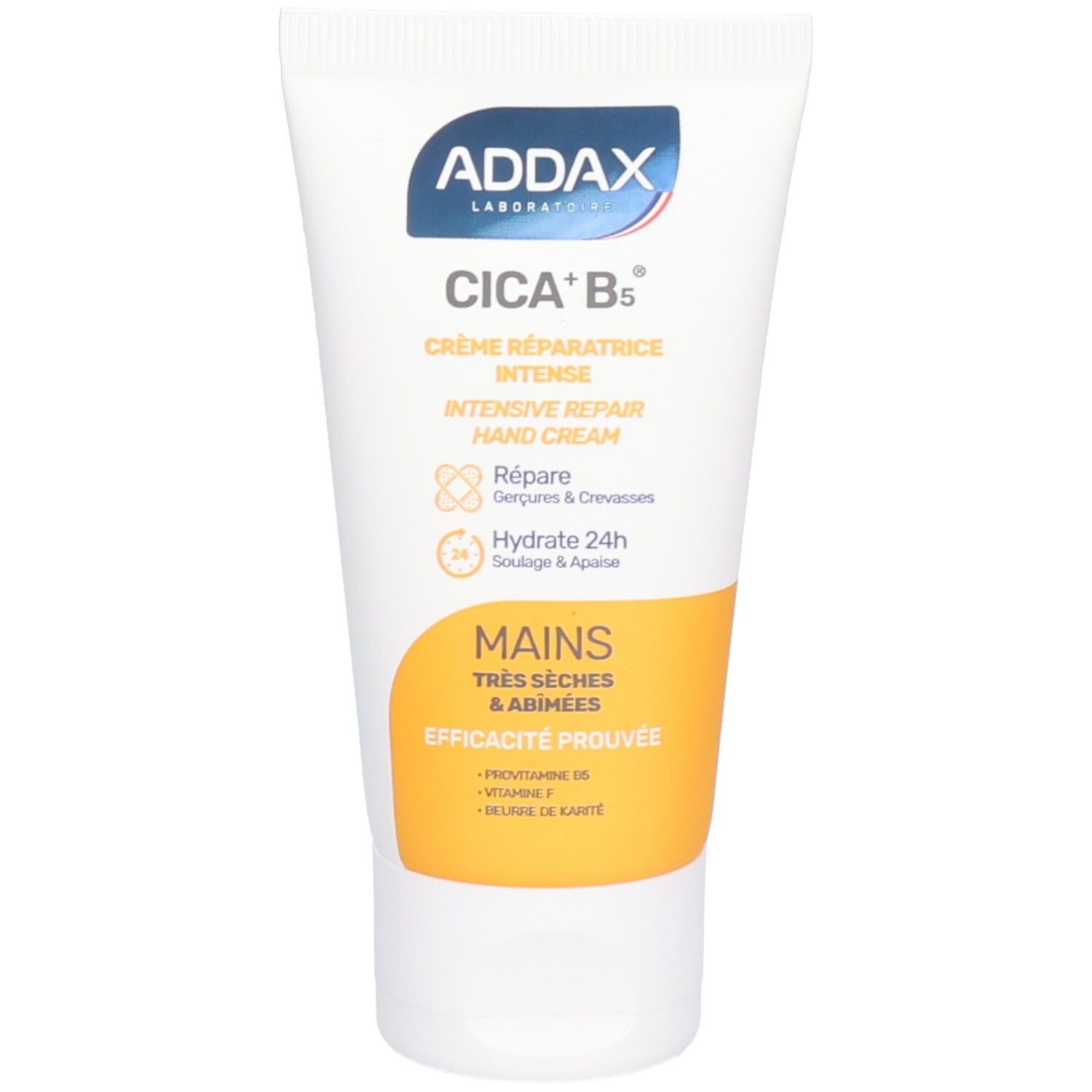 Witte tube ADDAX Crème Mains Cica-B+ met blauwe en gele tekst. Bevat handcrème. Tekst: Cica-B5, Crème Réparatrice Intense.