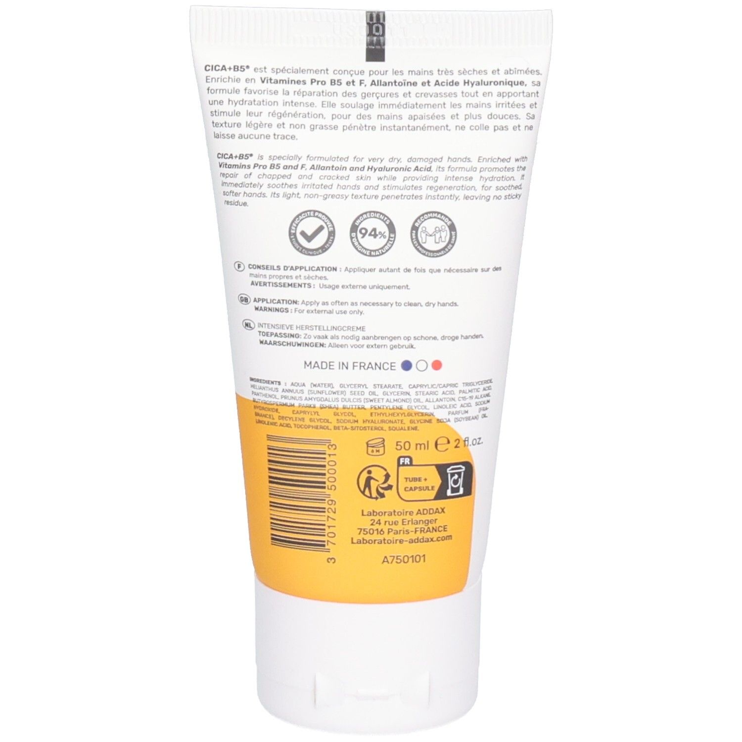 Achterkant van de witte tube ADDAX Crème Mains Cica-B+ met tekst en gele strook. Bevat informatie over het product.