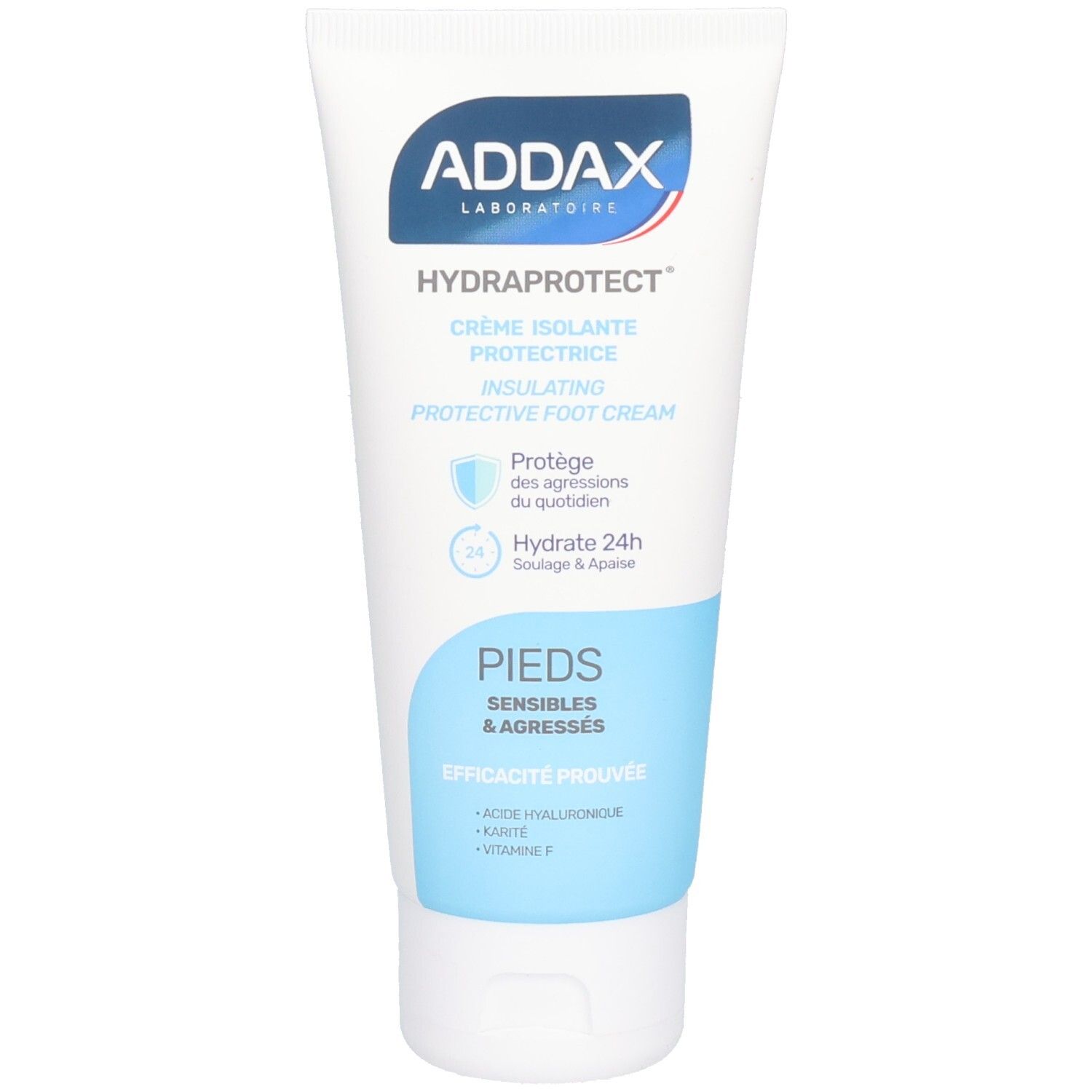 Tube blanc avec étiquette bleue. Inscription: ADDAX Hydraprotect Crème Isolante Protectrice. Pour pieds sensibles.