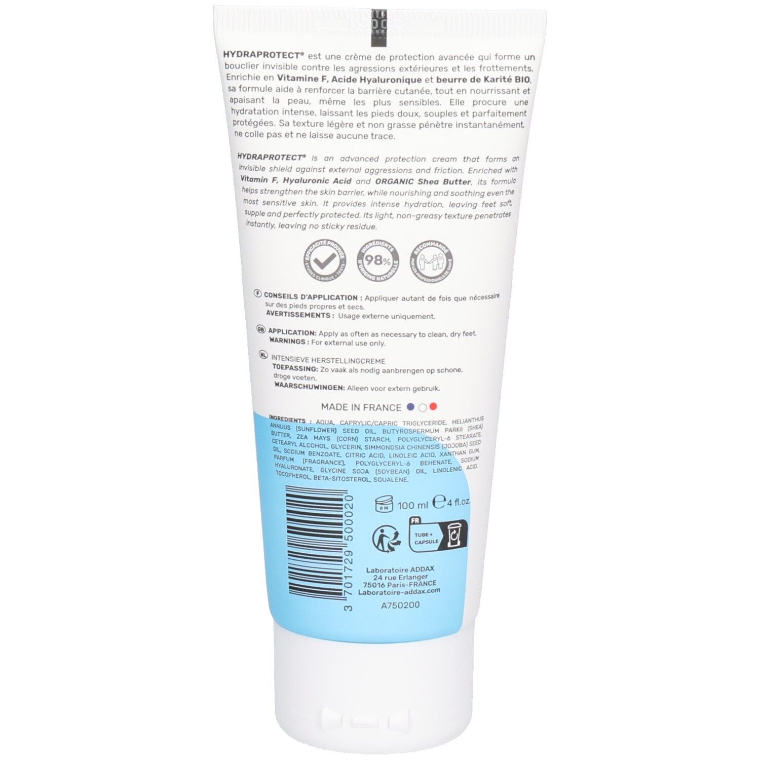 Dos du tube. Texte: Hydraprotect Crème Isolante Protectrice. Ingrédients et instructions d'utilisation.